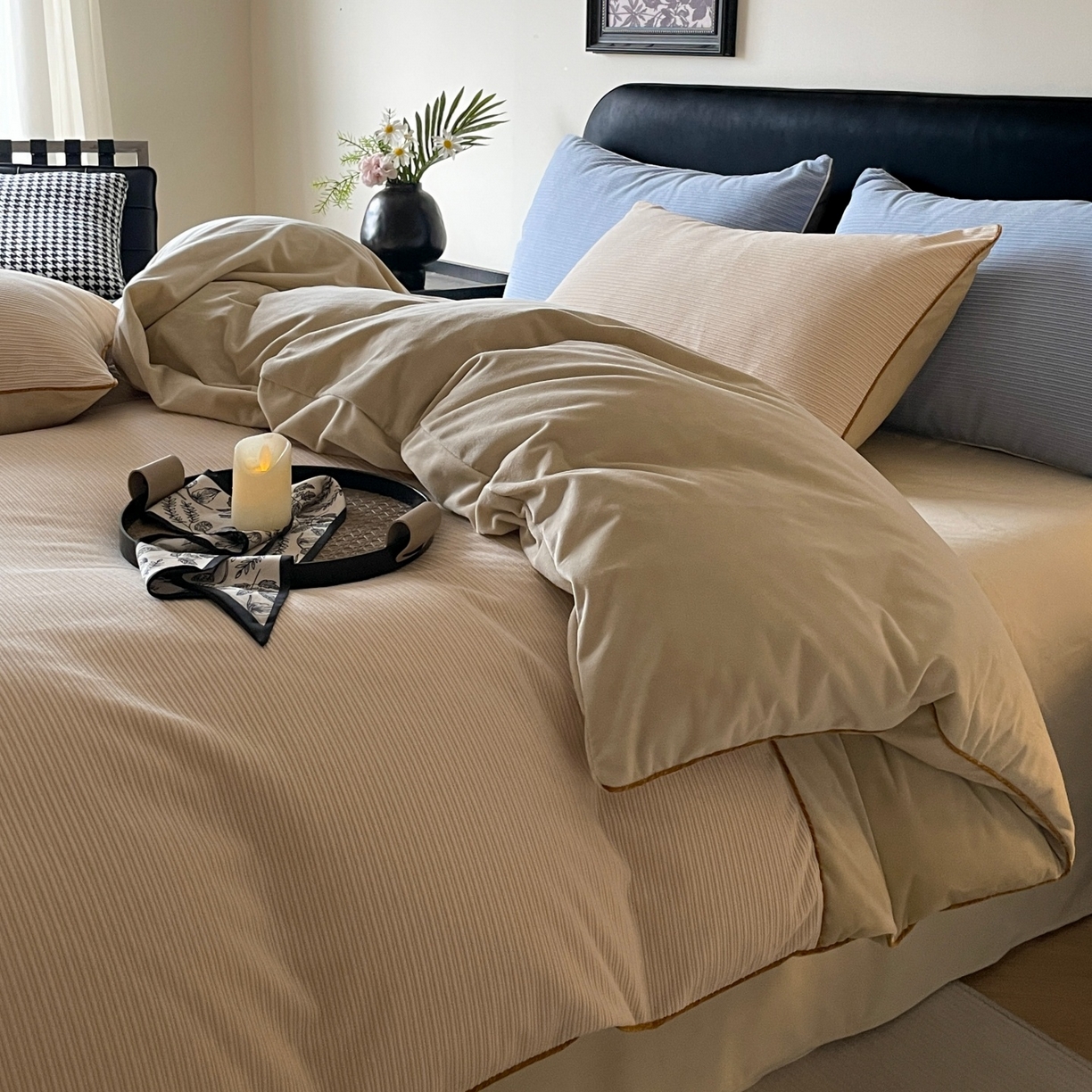 91家纺网 家纺一手货源 找家纺 （总）羚羊语家纺 2025新款280克灯芯绒婴儿绒四件套高级嵌绳拼接款水晶绒宝宝绒牛奶绒床单床笠款三件套-奶芙绒系列