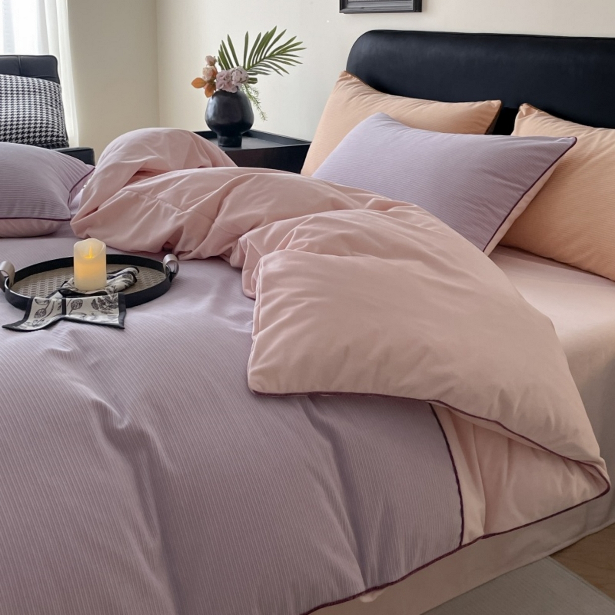 91家纺网 家纺一手货源 找家纺 羚羊语家纺 2025新款280克灯芯绒婴儿绒四件套高级嵌绳拼接款水晶绒宝宝绒牛奶绒床单床笠款三件套-奶芙绒系列 紫粉泡泡