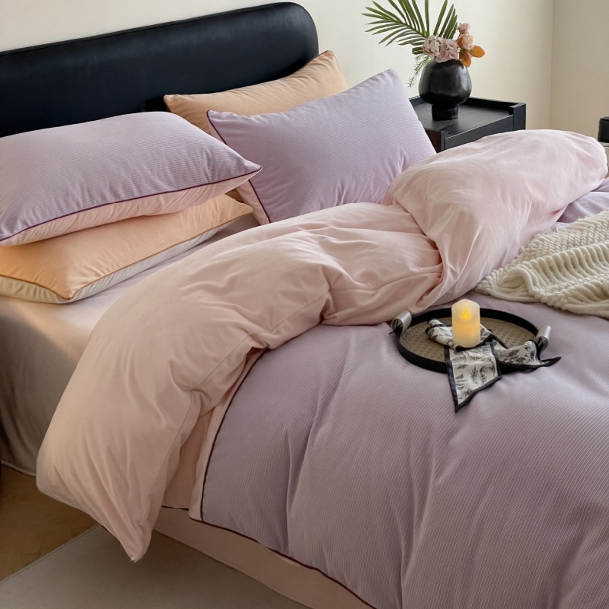 91家纺网 家纺一手货源 找家纺 羚羊语家纺 2025新款280克灯芯绒婴儿绒四件套高级嵌绳拼接款水晶绒宝宝绒牛奶绒床单床笠款三件套-奶芙绒系列 紫粉泡泡