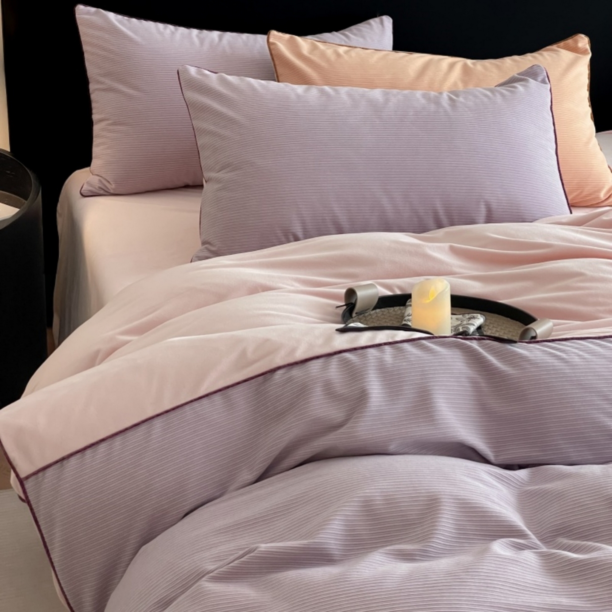 91家纺网 家纺一手货源 找家纺 羚羊语家纺 2025新款280克灯芯绒婴儿绒四件套高级嵌绳拼接款水晶绒宝宝绒牛奶绒床单床笠款三件套-奶芙绒系列 紫粉泡泡