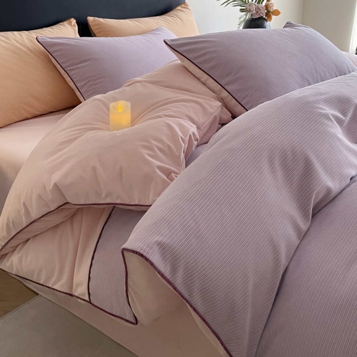 91家纺网 家纺一手货源 找家纺 羚羊语家纺 2025新款280克灯芯绒婴儿绒四件套高级嵌绳拼接款水晶绒宝宝绒牛奶绒床单床笠款三件套-奶芙绒系列 紫粉泡泡