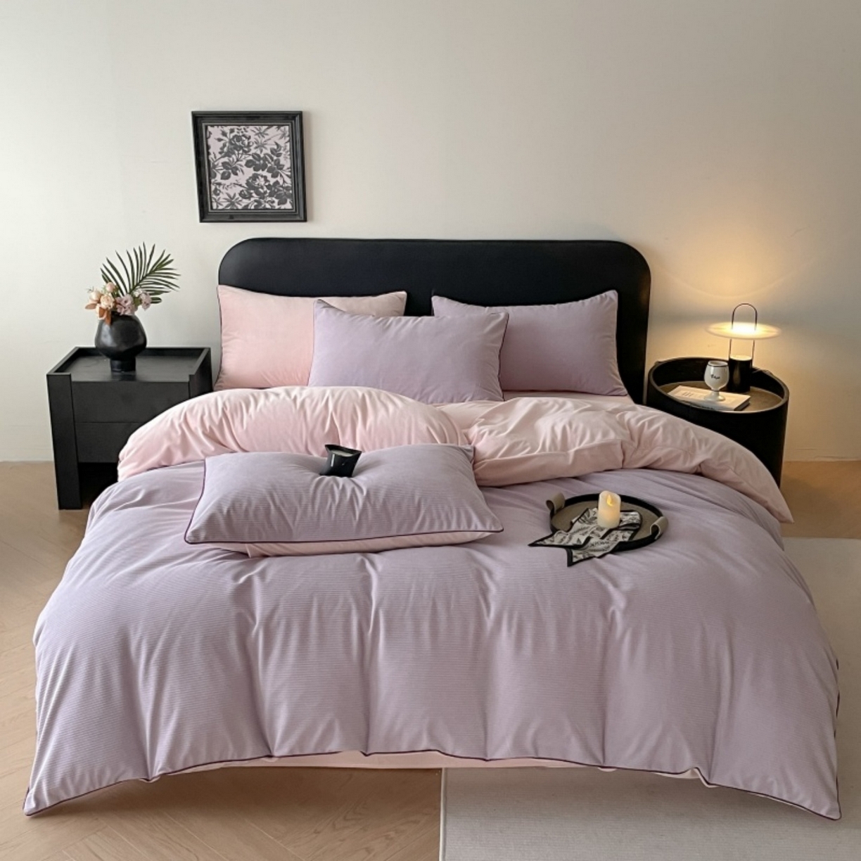 91家纺网 家纺一手货源 找家纺 羚羊语家纺 2025新款280克灯芯绒婴儿绒四件套高级嵌绳拼接款水晶绒宝宝绒牛奶绒床单床笠款三件套-奶芙绒系列 紫粉泡泡