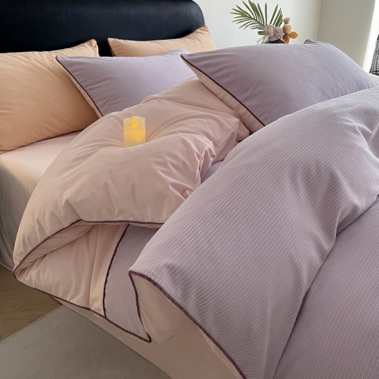 91家纺网 家纺一手货源 找家纺 羚羊语家纺 2025新款280克灯芯绒婴儿绒四件套高级嵌绳拼接款水晶绒宝宝绒牛奶绒床单床笠款三件套-奶芙绒系列 紫粉泡泡