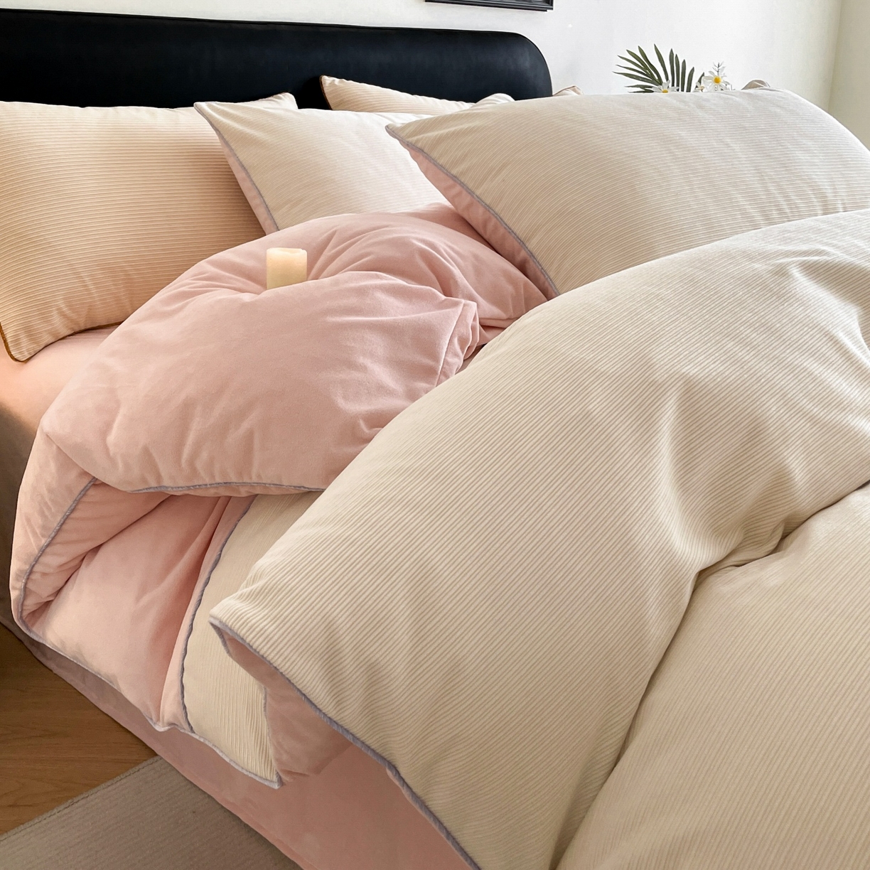 91家纺网 家纺一手货源 找家纺 羚羊语家纺 2025新款280克灯芯绒婴儿绒四件套高级嵌绳拼接款水晶绒宝宝绒牛奶绒床单床笠款三件套-奶芙绒系列 雪桃甜吻