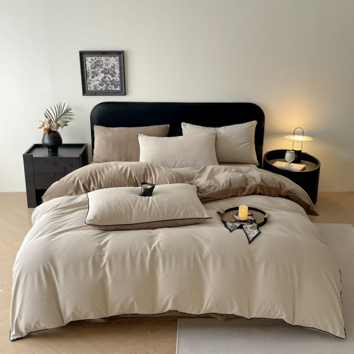 91家纺网 家纺一手货源 找家纺 羚羊语家纺 2025新款280克灯芯绒婴儿绒四件套高级嵌绳拼接款水晶绒宝宝绒牛奶绒床单床笠款三件套-奶芙绒系列 浅杏暖阳