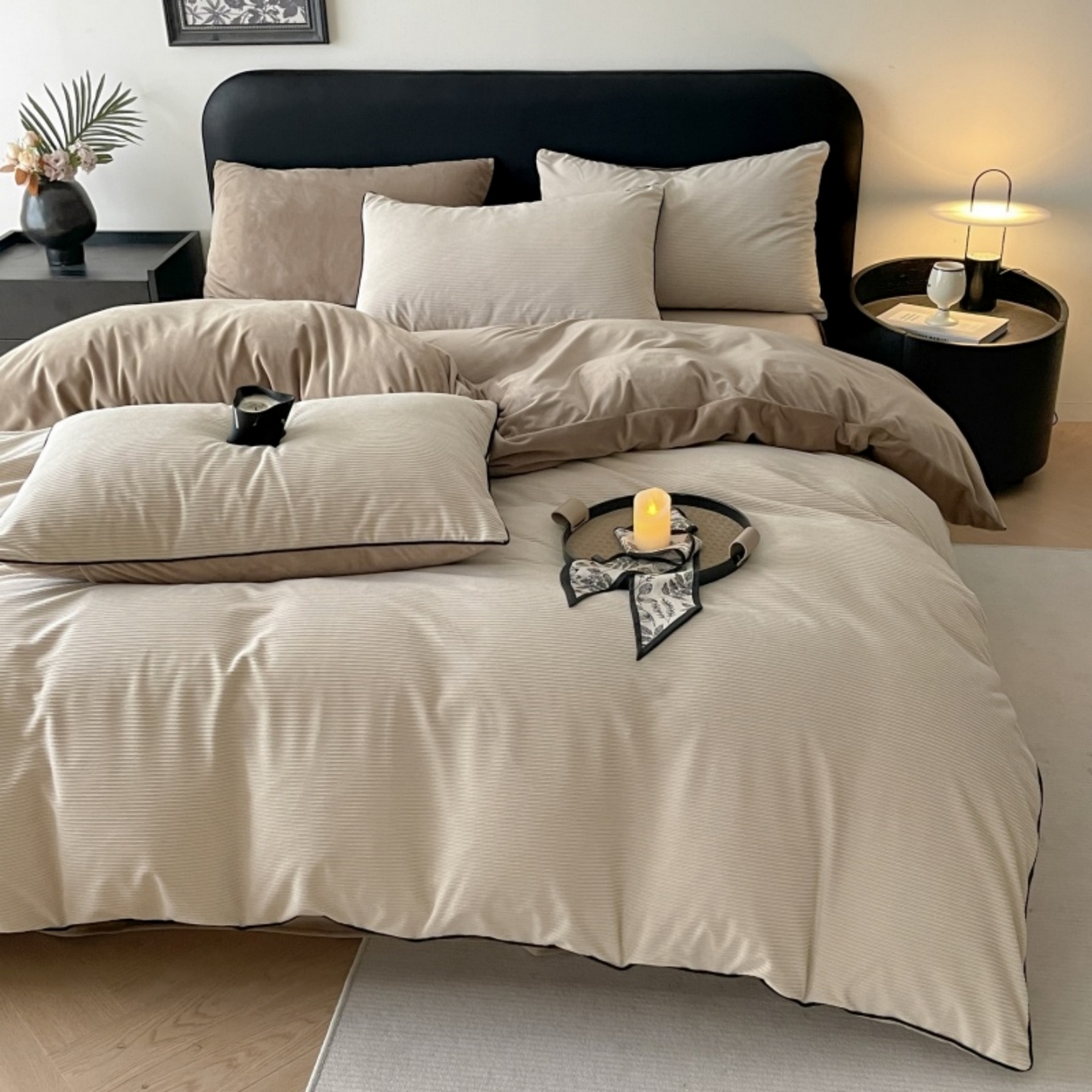 91家纺网 家纺一手货源 找家纺 羚羊语家纺 2025新款280克灯芯绒婴儿绒四件套高级嵌绳拼接款水晶绒宝宝绒牛奶绒床单床笠款三件套-奶芙绒系列 浅杏暖阳