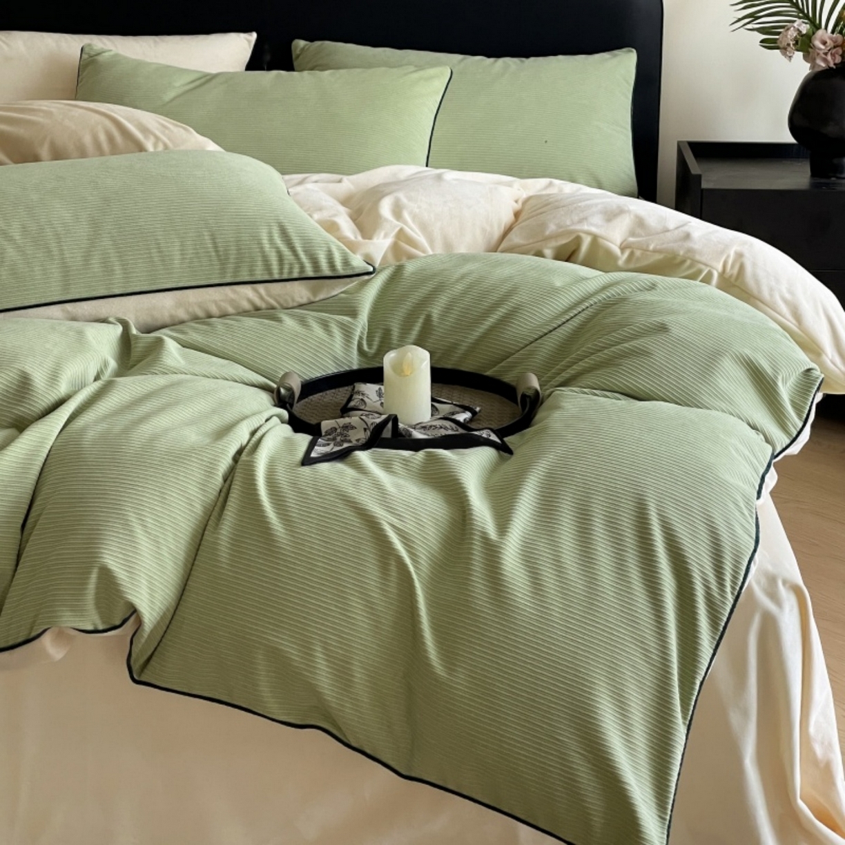 91家纺网 家纺一手货源 找家纺 羚羊语家纺 2025新款280克灯芯绒婴儿绒四件套高级嵌绳拼接款水晶绒宝宝绒牛奶绒床单床笠款三件套-奶芙绒系列 椰香茉语