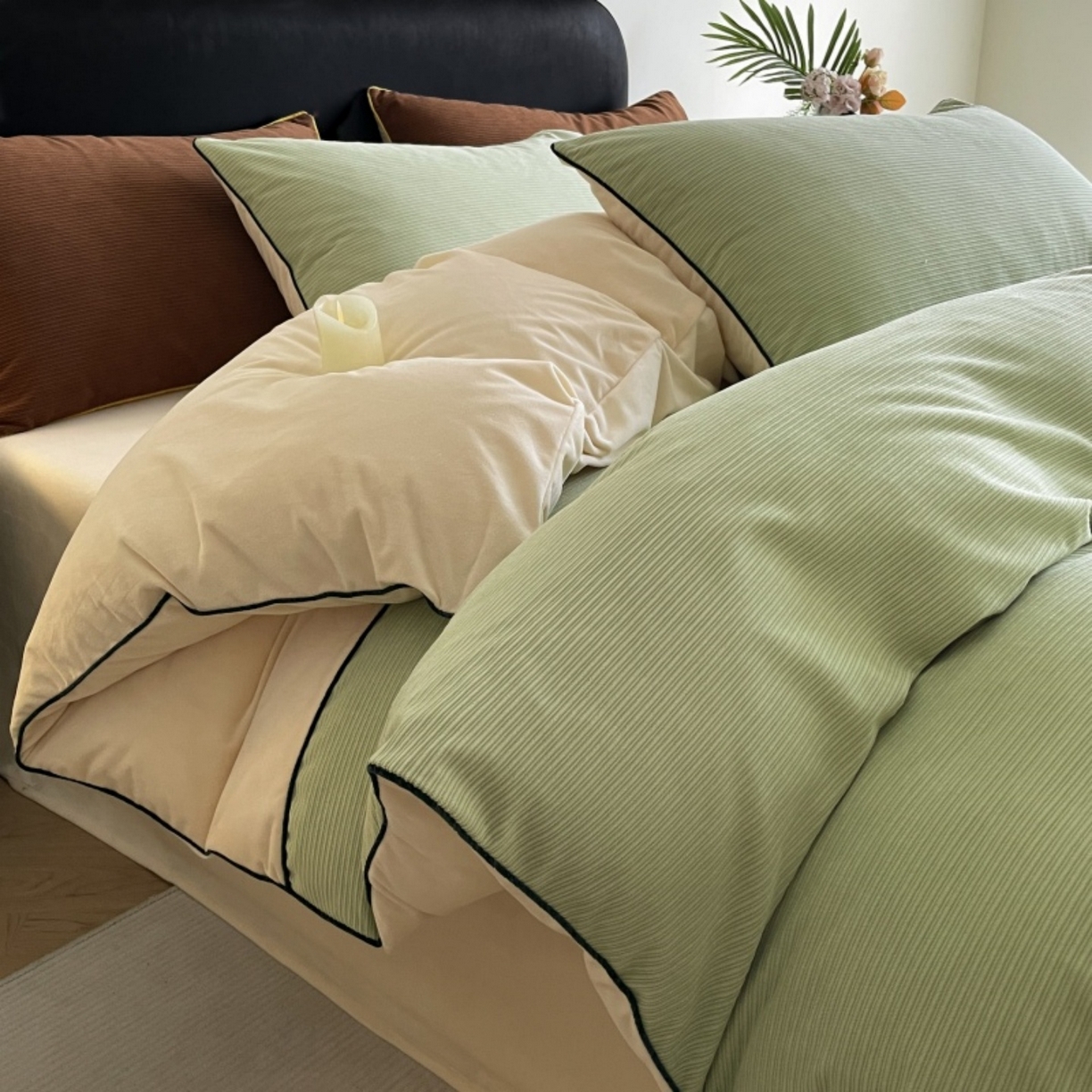 91家纺网 家纺一手货源 找家纺 羚羊语家纺 2025新款280克灯芯绒婴儿绒四件套高级嵌绳拼接款水晶绒宝宝绒牛奶绒床单床笠款三件套-奶芙绒系列 椰香茉语