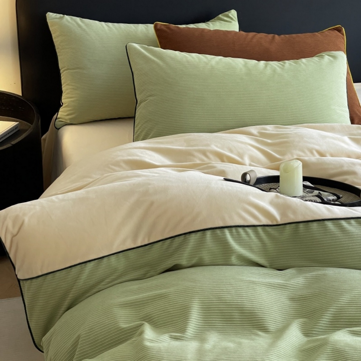 91家纺网 家纺一手货源 找家纺 羚羊语家纺 2025新款280克灯芯绒婴儿绒四件套高级嵌绳拼接款水晶绒宝宝绒牛奶绒床单床笠款三件套-奶芙绒系列 椰香茉语