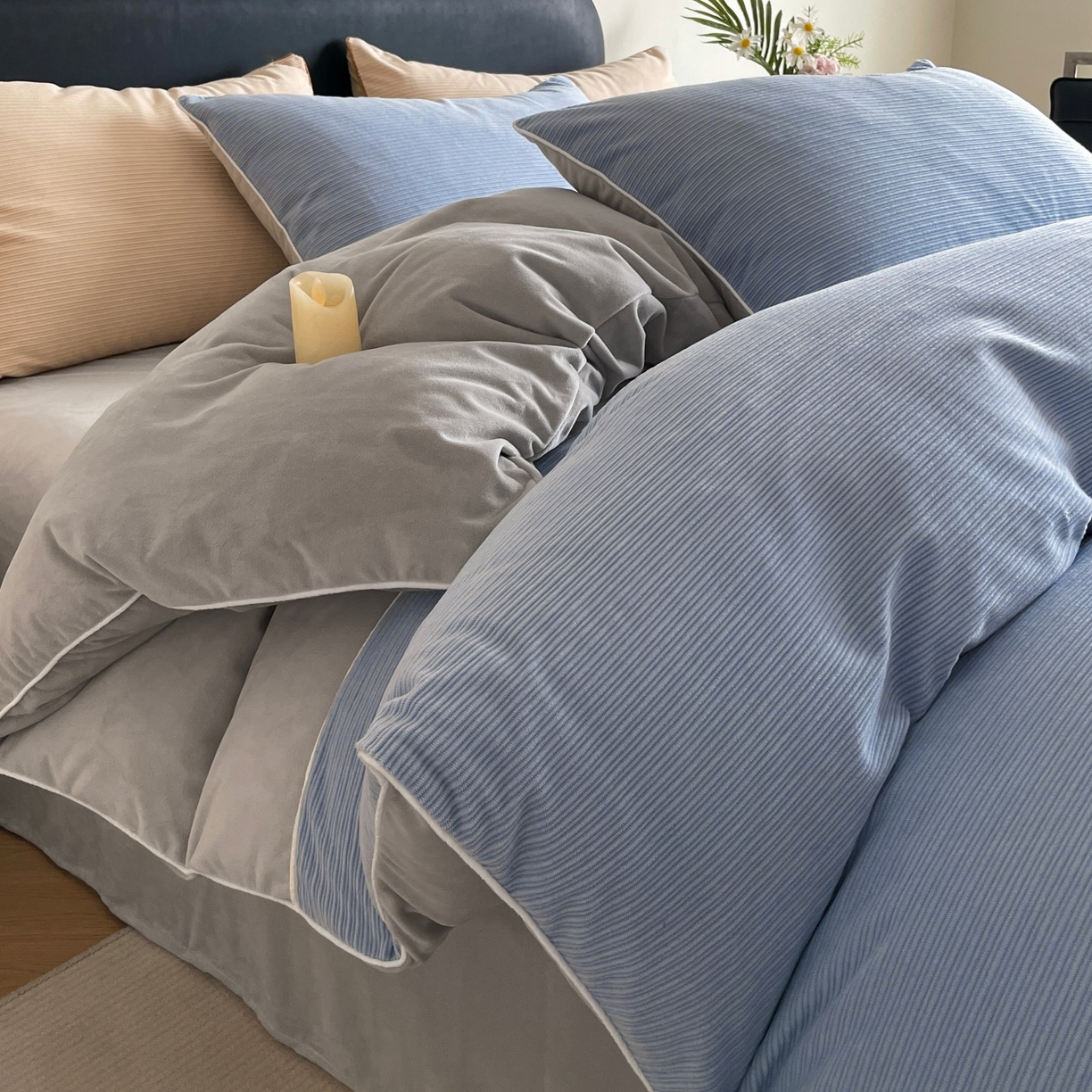 91家纺网 家纺一手货源 找家纺 羚羊语家纺 2025新款280克灯芯绒婴儿绒四件套高级嵌绳拼接款水晶绒宝宝绒牛奶绒床单床笠款三件套-奶芙绒系列 海风佛雾