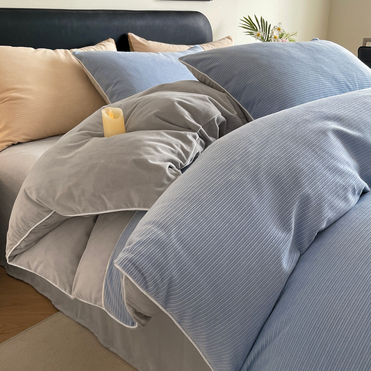 91家纺网 家纺一手货源 找家纺 羚羊语家纺 2025新款280克灯芯绒婴儿绒四件套高级嵌绳拼接款水晶绒宝宝绒牛奶绒床单床笠款三件套-奶芙绒系列 海风佛雾