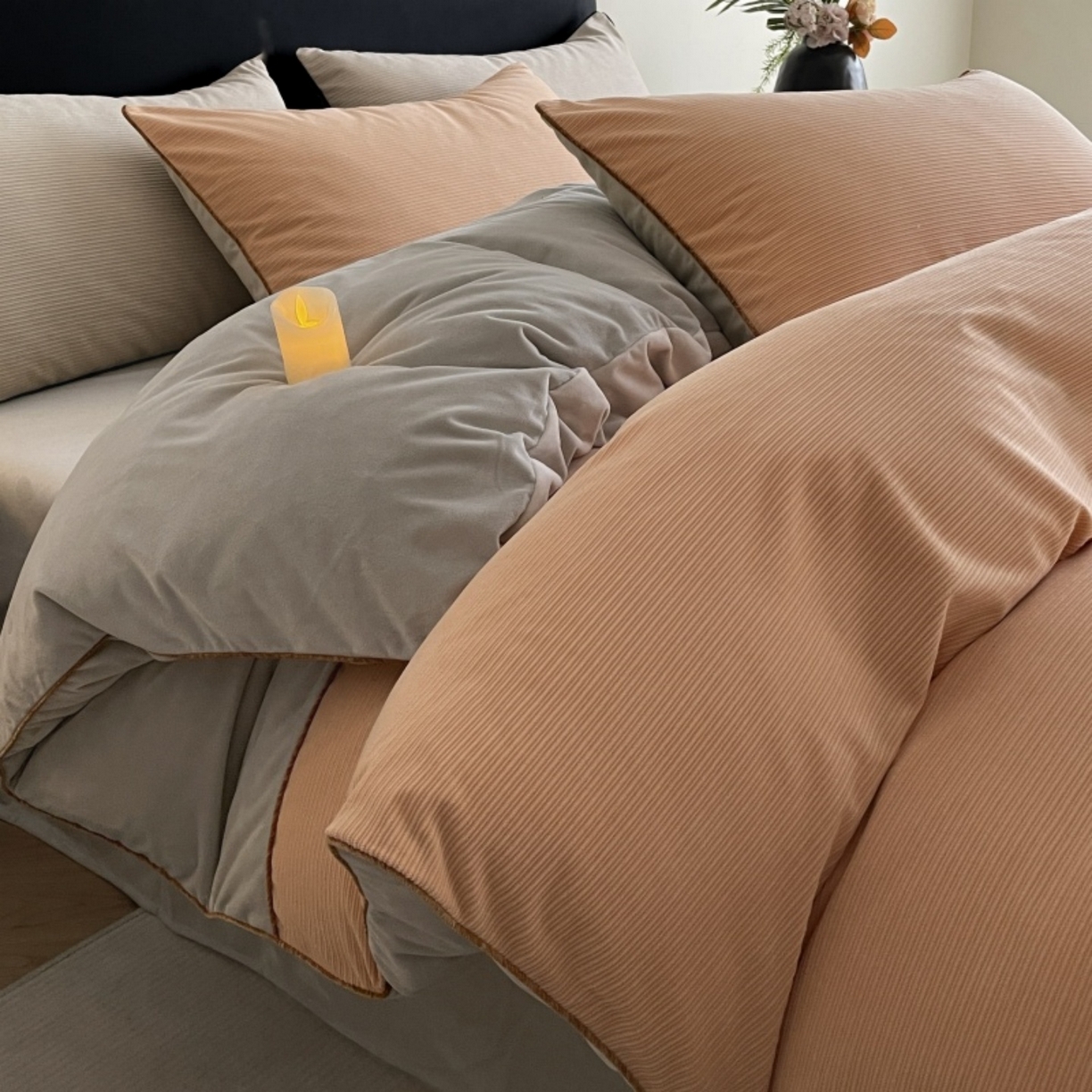 91家纺网 家纺一手货源 找家纺 羚羊语家纺 2025新款280克灯芯绒婴儿绒四件套高级嵌绳拼接款水晶绒宝宝绒牛奶绒床单床笠款三件套-奶芙绒系列 浮光沁橙