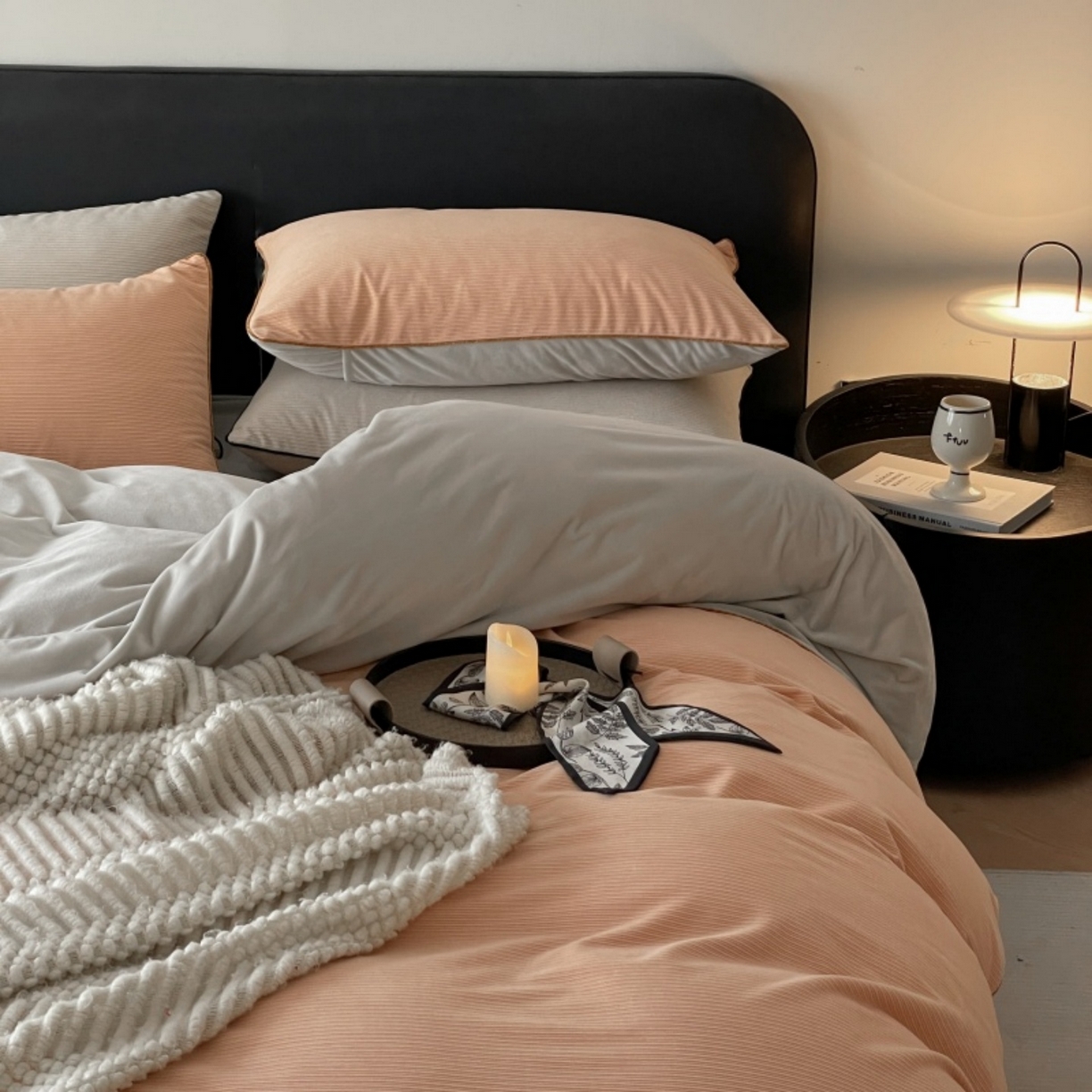 91家纺网 家纺一手货源 找家纺 羚羊语家纺 2025新款280克灯芯绒婴儿绒四件套高级嵌绳拼接款水晶绒宝宝绒牛奶绒床单床笠款三件套-奶芙绒系列 浮光沁橙