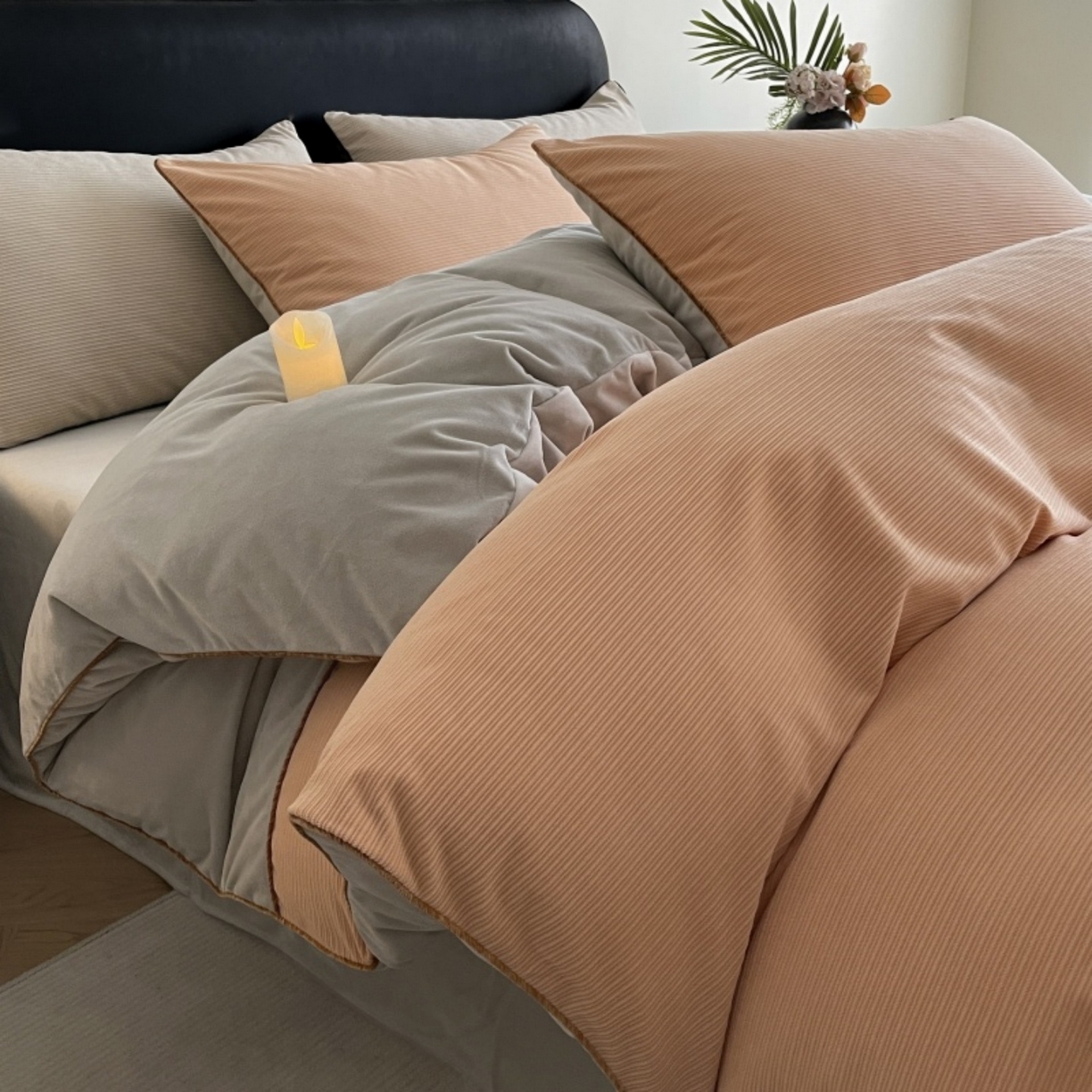 91家纺网 家纺一手货源 找家纺 羚羊语家纺 2025新款280克灯芯绒婴儿绒四件套高级嵌绳拼接款水晶绒宝宝绒牛奶绒床单床笠款三件套-奶芙绒系列 浮光沁橙