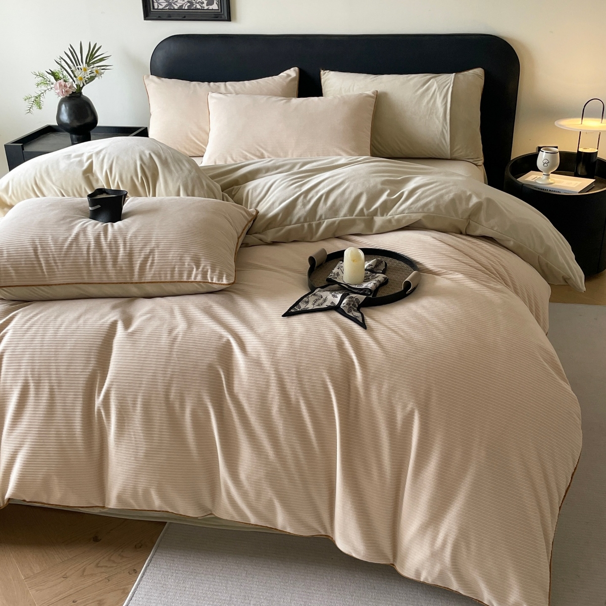 91家纺网 家纺一手货源 找家纺 羚羊语家纺 2025新款280克灯芯绒婴儿绒四件套高级嵌绳拼接款水晶绒宝宝绒牛奶绒床单床笠款三件套-奶芙绒系列 微醺午后