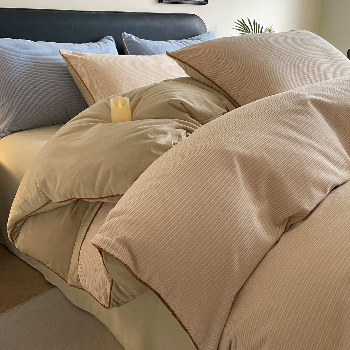 91家纺网 家纺一手货源 找家纺 羚羊语家纺 2025新款280克灯芯绒婴儿绒四件套高级嵌绳拼接款水晶绒宝宝绒牛奶绒床单床笠款三件套-奶芙绒系列 微醺午后