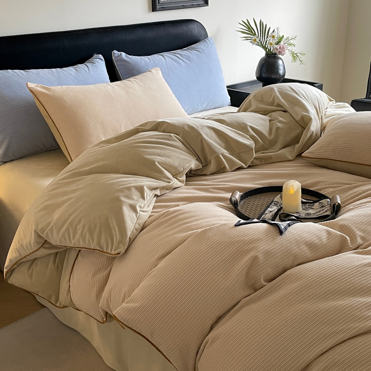 91家纺网 家纺一手货源 找家纺 羚羊语家纺 2025新款280克灯芯绒婴儿绒四件套高级嵌绳拼接款水晶绒宝宝绒牛奶绒床单床笠款三件套-奶芙绒系列 微醺午后