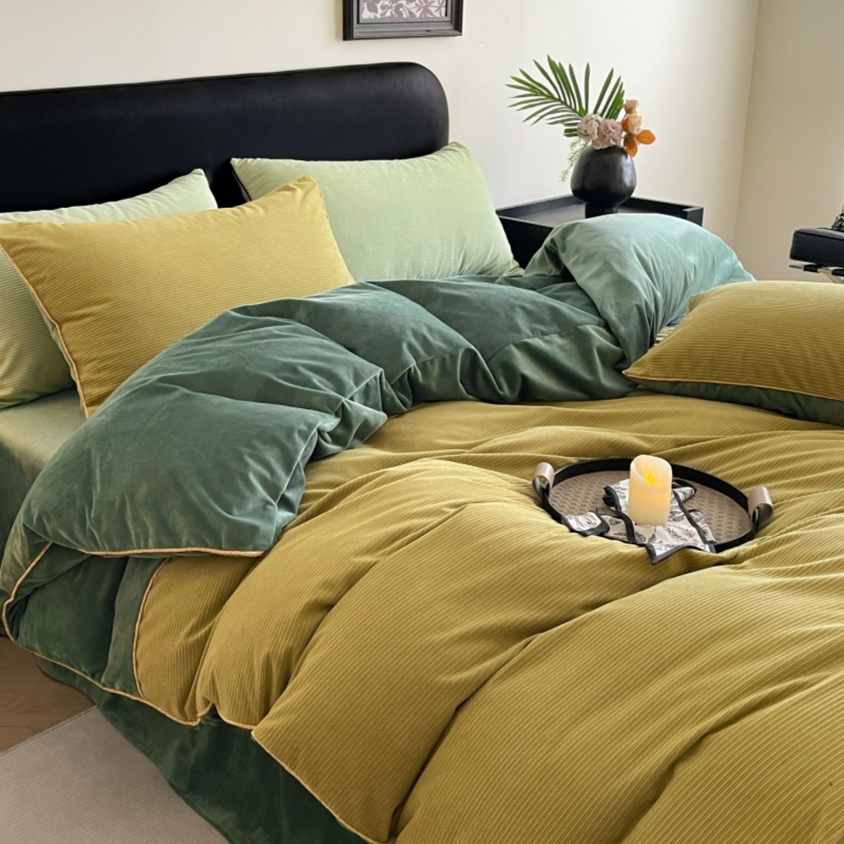 91家纺网 家纺一手货源 找家纺 羚羊语家纺 2025新款280克灯芯绒婴儿绒四件套高级嵌绳拼接款水晶绒宝宝绒牛奶绒床单床笠款三件套-奶芙绒系列 半糖绿洲