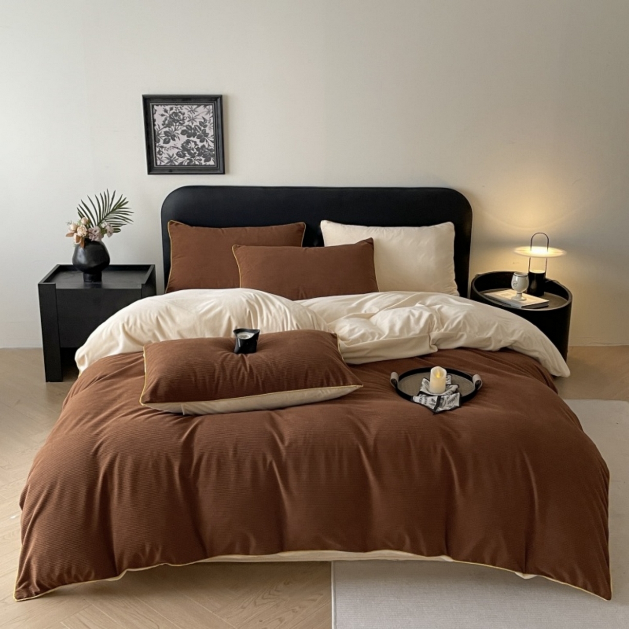 91家纺网 家纺一手货源 找家纺 羚羊语家纺 2025新款280克灯芯绒婴儿绒四件套高级嵌绳拼接款水晶绒宝宝绒牛奶绒床单床笠款三件套-奶芙绒系列 榛果奶茶