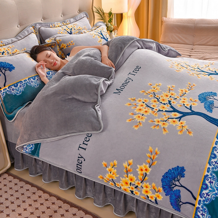 91家纺网 家纺一手货源 找家纺 佳一 2025新款高克重8-9斤 印花牛奶绒四件套 金枝玉叶