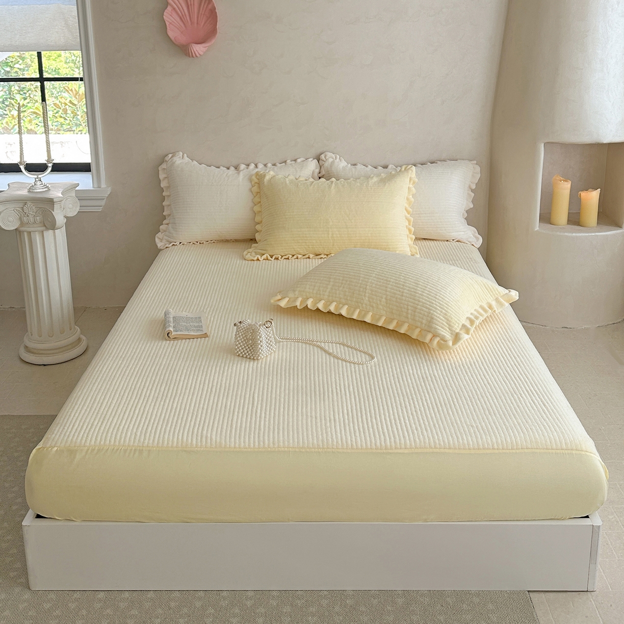 琳可家居 2025新款纯色消光高克重牛奶绒夹棉床笠保暖加厚床笠三件套（提供买家秀） 奶油黄-床笠款