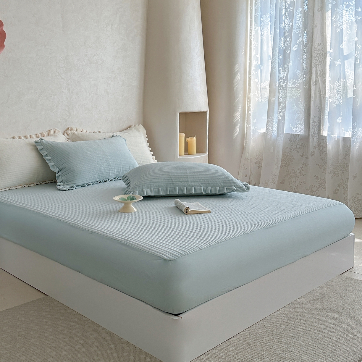 91家纺网 家纺一手货源 找家纺 琳可家居 2025新款纯色消光高克重牛奶绒夹棉床笠保暖加厚床笠三件套（提供买家秀） 海盐蓝-床笠款