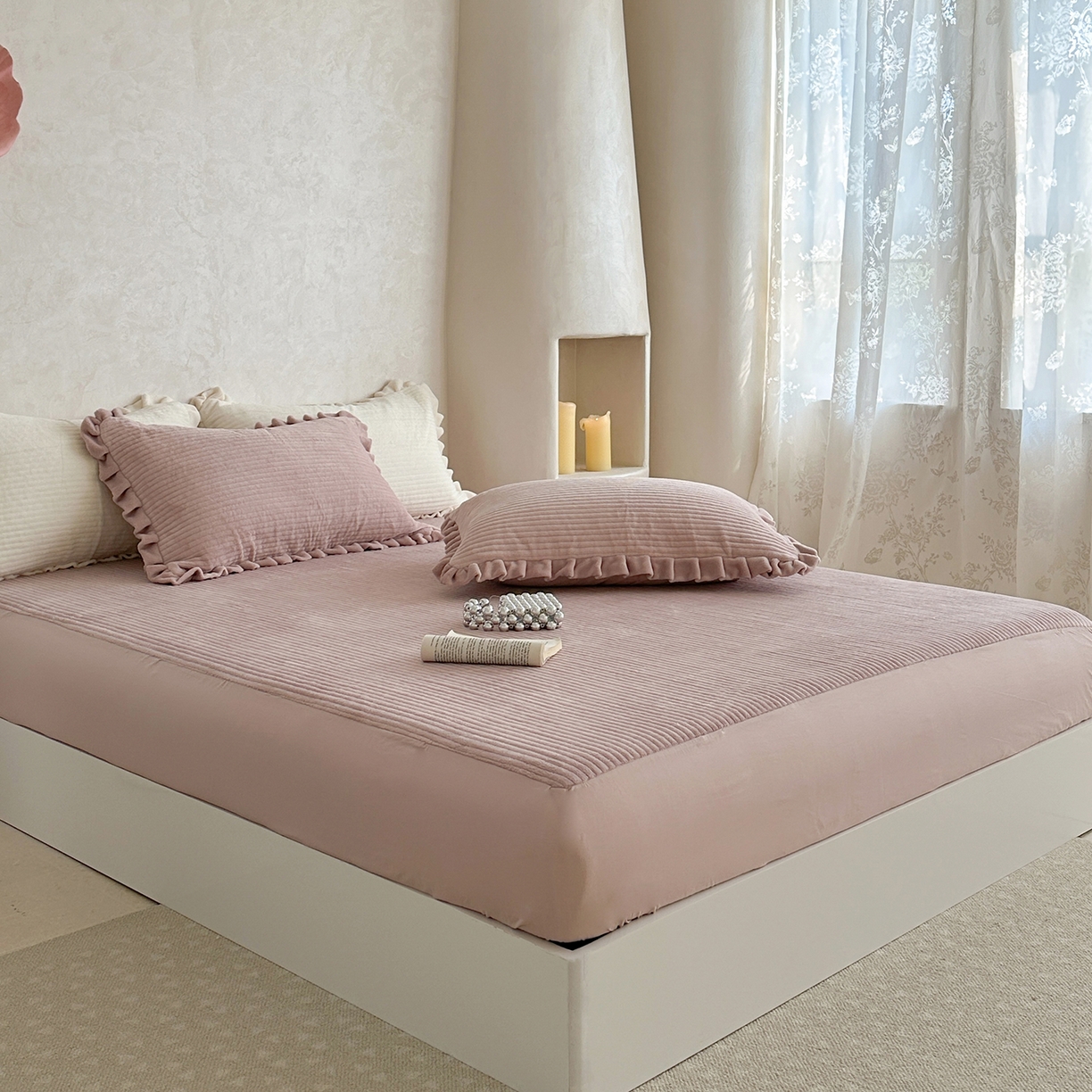 91家纺网 家纺一手货源 找家纺 琳可家居 2025新款纯色消光高克重牛奶绒夹棉床笠保暖加厚床笠三件套（提供买家秀） 浅豆沙-床笠款