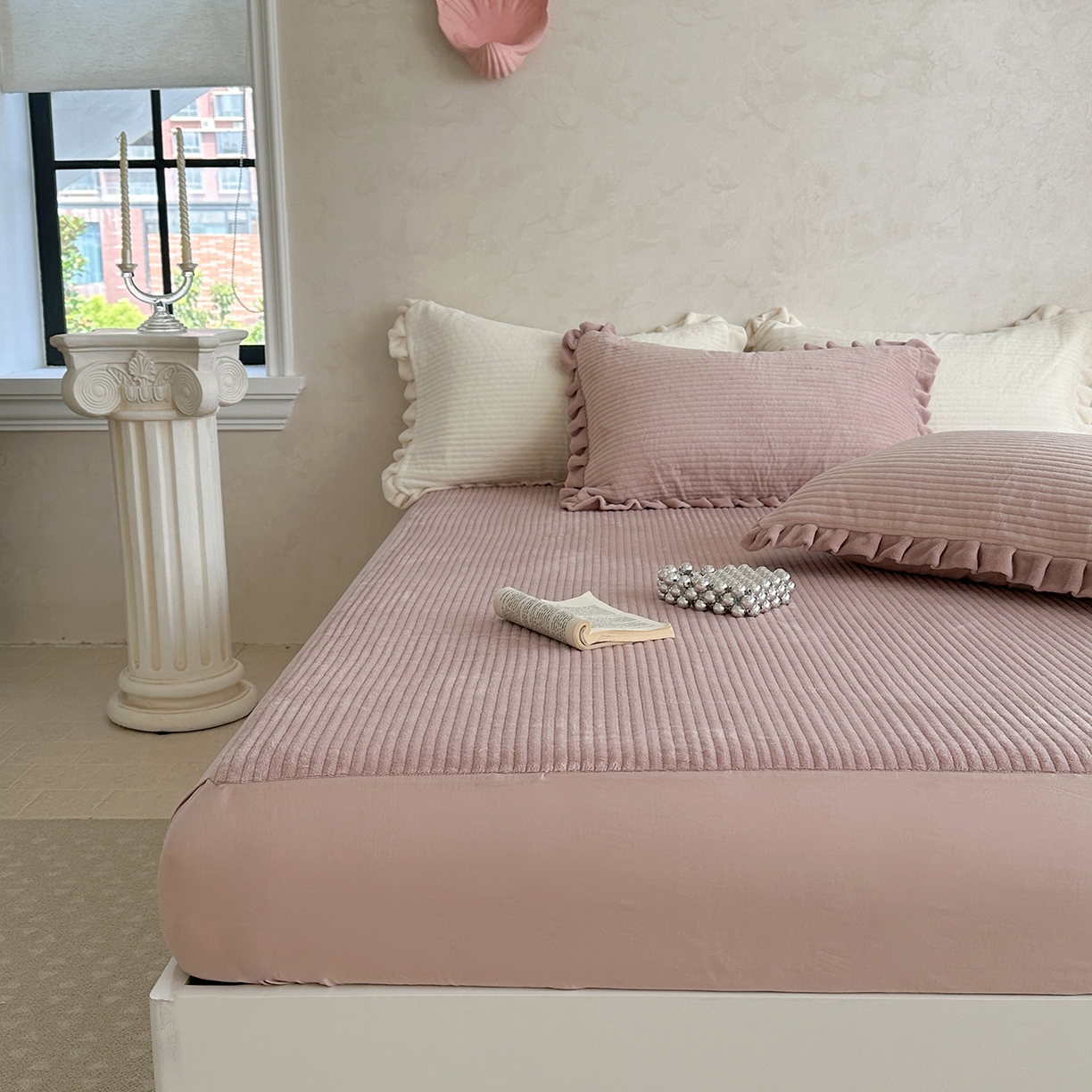 91家纺网 家纺一手货源 找家纺 琳可家居 2025新款纯色消光高克重牛奶绒夹棉床笠保暖加厚床笠三件套（提供买家秀） 浅豆沙-床笠款