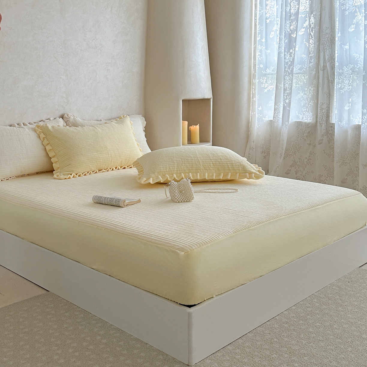 91家纺网 家纺一手货源 找家纺 琳可家居 2025新款纯色消光高克重牛奶绒夹棉床笠保暖加厚床笠三件套（提供买家秀） 奶油黄-床笠款