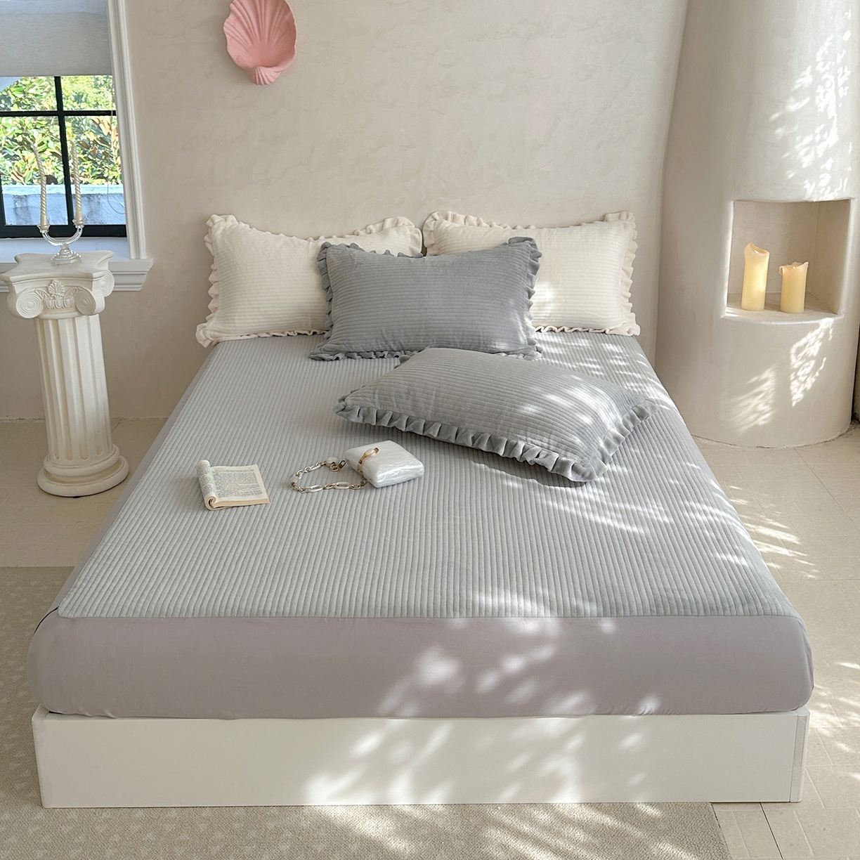 琳可家居 2025新款纯色消光高克重牛奶绒夹棉床笠保暖加厚床笠三件套（提供买家秀） 静谧灰-床笠款