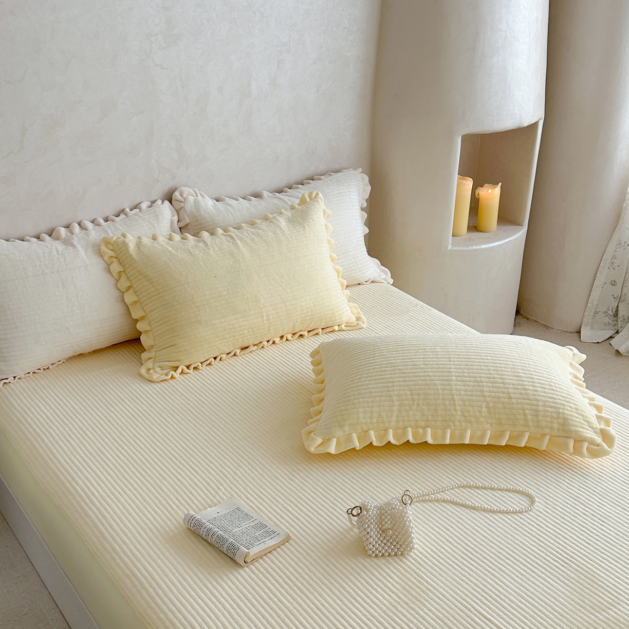 91家纺网 家纺一手货源 找家纺 琳可家居 2025新款纯色消光高克重牛奶绒夹棉床笠保暖加厚床笠三件套（提供买家秀） 奶油黄-床笠款