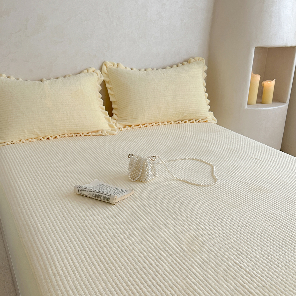 91家纺网 家纺一手货源 找家纺 琳可家居 2025新款纯色消光高克重牛奶绒夹棉床笠保暖加厚床笠三件套（提供买家秀） 奶油黄-床笠款