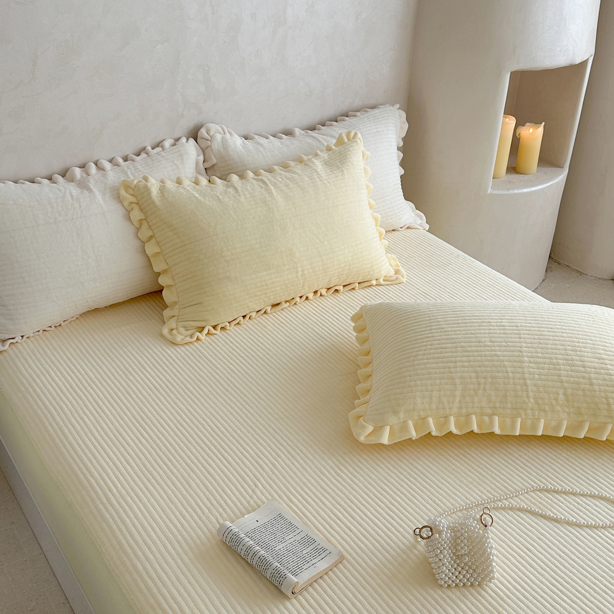 91家纺网 家纺一手货源 找家纺 琳可家居 2025新款纯色消光高克重牛奶绒夹棉床笠保暖加厚床笠三件套（提供买家秀） 奶油黄-床笠款