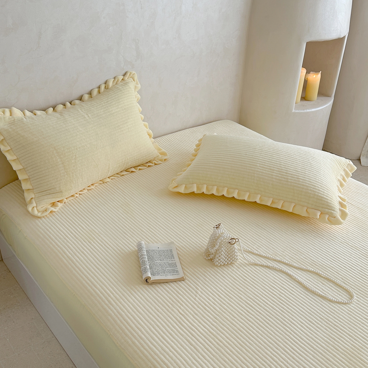 91家纺网 家纺一手货源 找家纺 琳可家居 2025新款纯色消光高克重牛奶绒夹棉床笠保暖加厚床笠三件套（提供买家秀） 奶油黄-床笠款