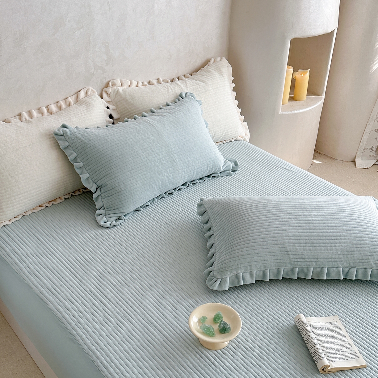 91家纺网 家纺一手货源 找家纺 琳可家居 2025新款纯色消光高克重牛奶绒夹棉床笠保暖加厚床笠三件套（提供买家秀） 海盐蓝-床笠款