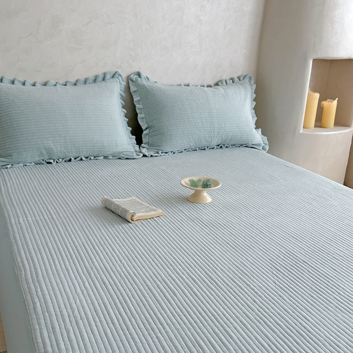 91家纺网 家纺一手货源 找家纺 琳可家居 2025新款纯色消光高克重牛奶绒夹棉床笠保暖加厚床笠三件套（提供买家秀） 海盐蓝-床笠款