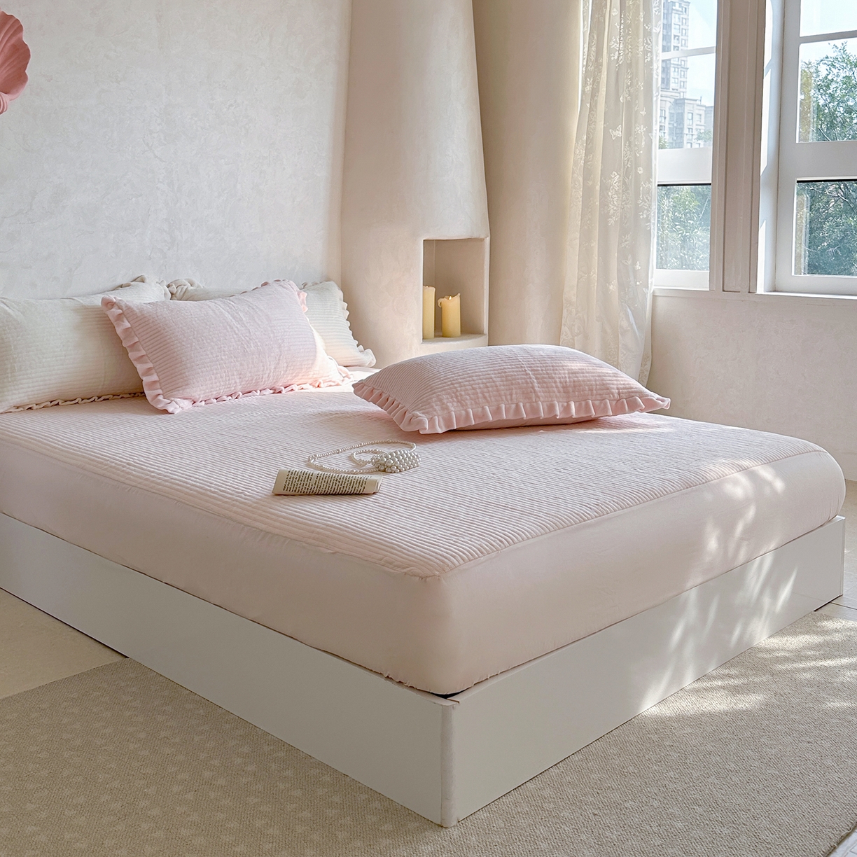 91家纺网 家纺一手货源 找家纺 琳可家居 2025新款纯色消光高克重牛奶绒夹棉床笠保暖加厚床笠三件套（提供买家秀） 悠悠粉-床笠款