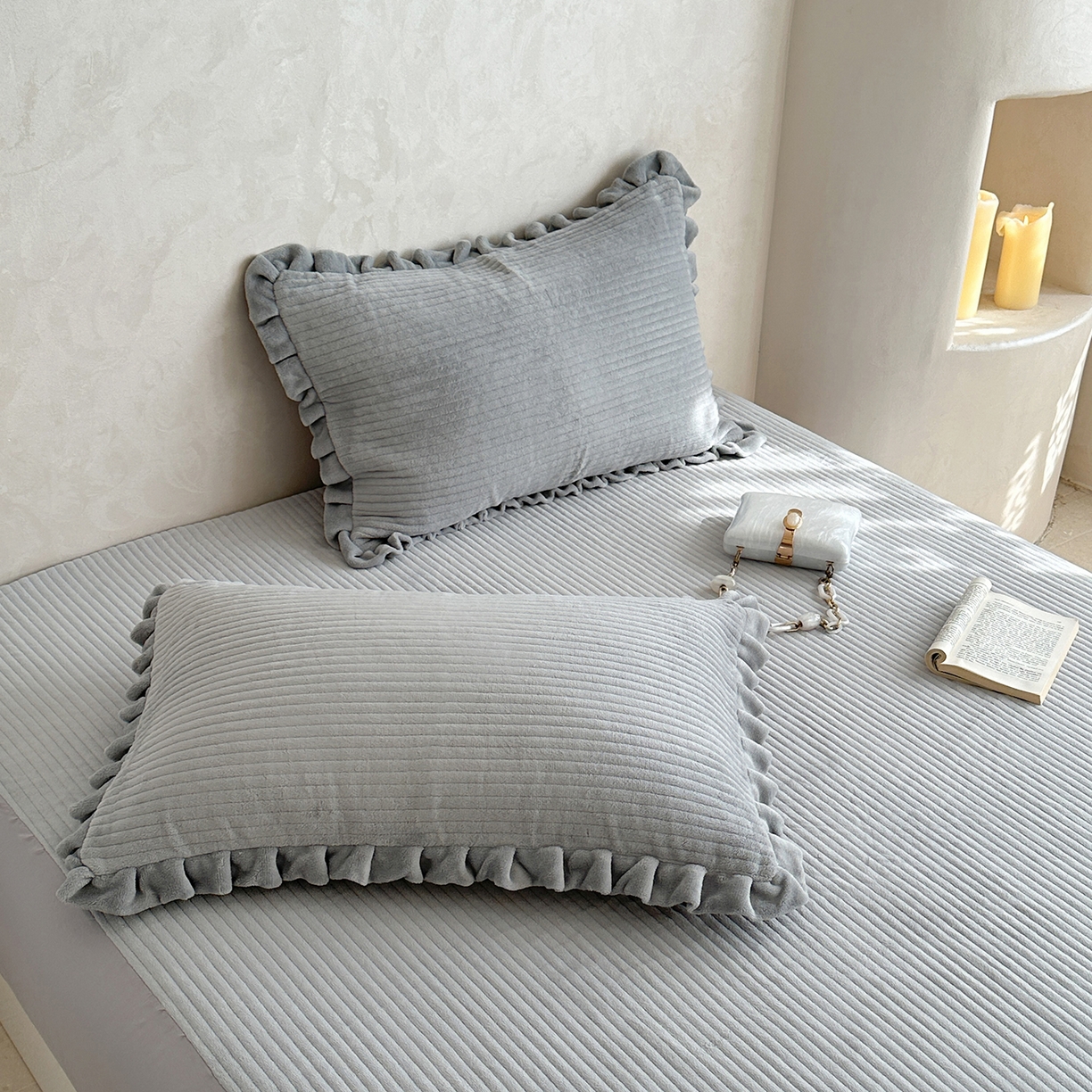 91家纺网 家纺一手货源 找家纺 琳可家居 2025新款纯色消光高克重牛奶绒夹棉床笠保暖加厚床笠三件套（提供买家秀） 静谧灰-床笠款