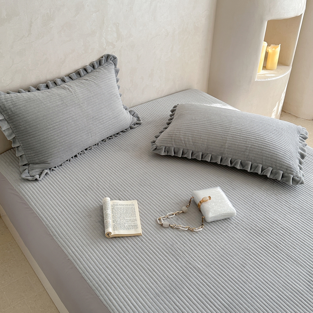 91家纺网 家纺一手货源 找家纺 琳可家居 2025新款纯色消光高克重牛奶绒夹棉床笠保暖加厚床笠三件套（提供买家秀） 静谧灰-床笠款