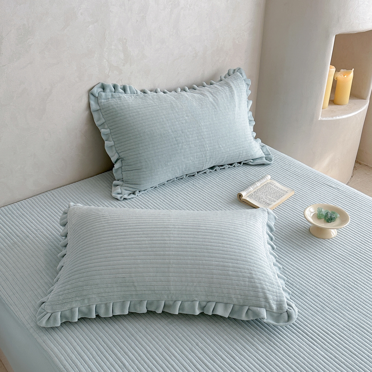91家纺网 家纺一手货源 找家纺 琳可家居 2025新款纯色消光高克重牛奶绒夹棉床笠保暖加厚床笠三件套（提供买家秀） 海盐蓝-床笠款