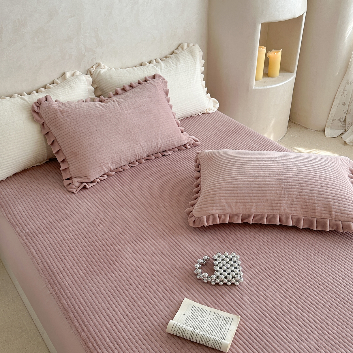 91家纺网 家纺一手货源 找家纺 琳可家居 2025新款纯色消光高克重牛奶绒夹棉床笠保暖加厚床笠三件套（提供买家秀） 浅豆沙-床笠款