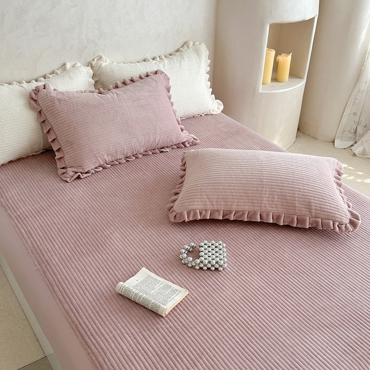 91家纺网 家纺一手货源 找家纺 琳可家居 2025新款纯色消光高克重牛奶绒夹棉床笠保暖加厚床笠三件套（提供买家秀） 浅豆沙-床笠款