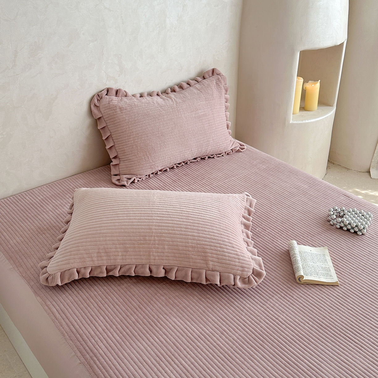 91家纺网 家纺一手货源 找家纺 琳可家居 2025新款纯色消光高克重牛奶绒夹棉床笠保暖加厚床笠三件套（提供买家秀） 浅豆沙-床笠款