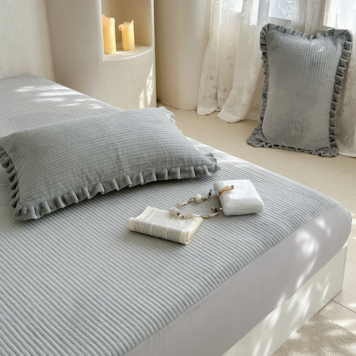 91家纺网 家纺一手货源 找家纺 琳可家居 2025新款纯色消光高克重牛奶绒夹棉床笠保暖加厚床笠三件套（提供买家秀） 静谧灰-床笠款