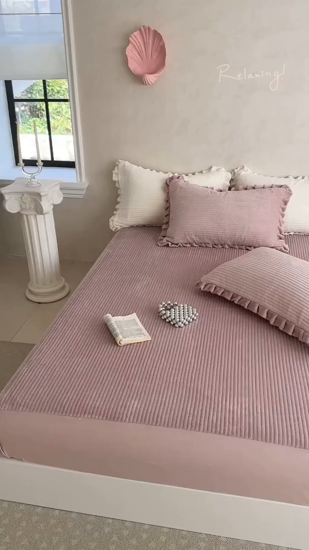 91家纺网 家纺一手货源 找家纺 琳可家居 2025新款纯色消光高克重牛奶绒夹棉床笠保暖加厚床笠三件套（提供买家秀） 浅豆沙-床笠款