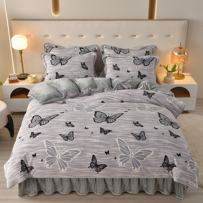 91家纺网 家纺一手货源 找家纺 佳一 2025新款高克重8-9斤 印花牛奶绒四件套 梦蝶-灰