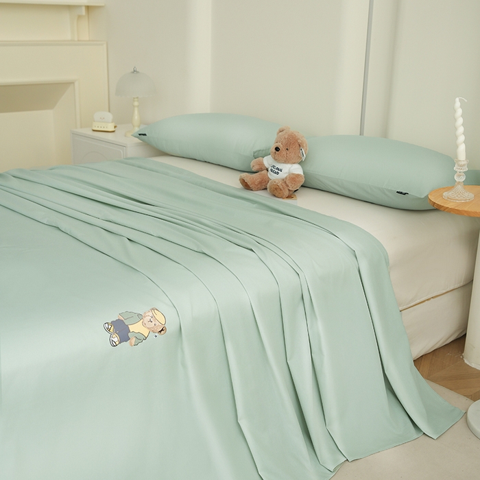 91家纺网 家纺一手货源 找家纺 泰迪爱兰Teddy ISLAND  2026新款全棉40S单品刺绣床单 抹茶绿