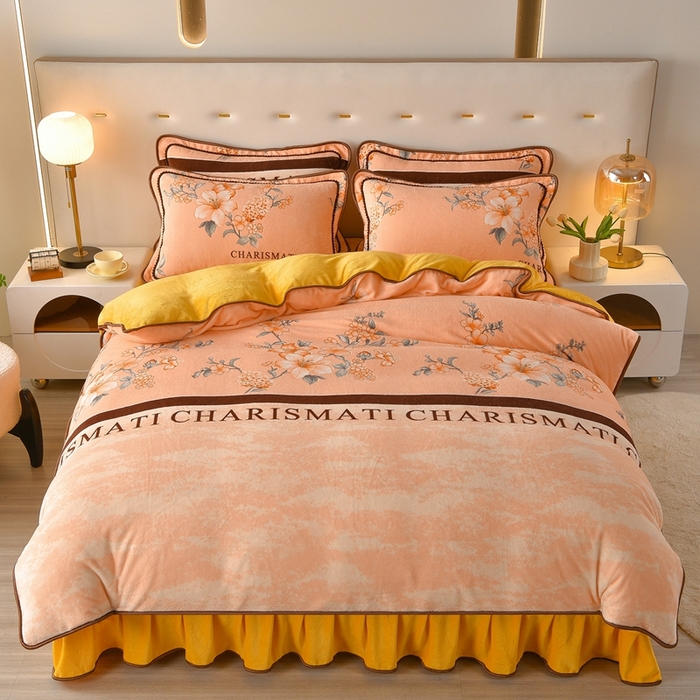 91家纺网 家纺一手货源 找家纺 佳一 2025新款高克重8-9斤 印花牛奶绒四件套 花香如梦