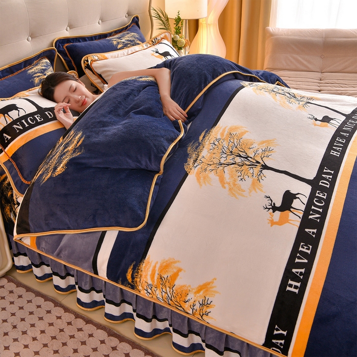 91家纺网 家纺一手货源 找家纺 佳一 2025新款高克重8-9斤 印花牛奶绒四件套 鹿之恋