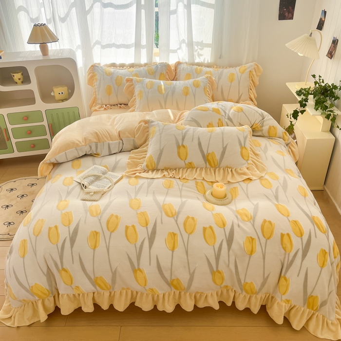 爱家（原缔乐家纺） 2025新款牛奶雕花绒四件套-香香公主 香香公主-奶油黄